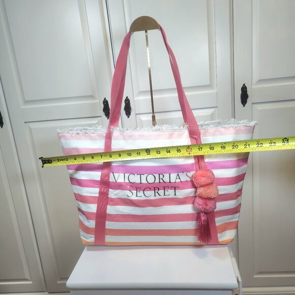 Victoria Secret Large Pink Orange Canvas Striped Beach Tote Bag - Picture 11 of 14